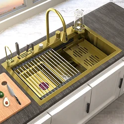 Waterfall Kitchen Sink Golden Large Single Slot Stainless Steel Sink Household Washbasin Under The Counter Basin For Kitchen