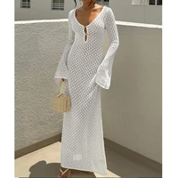 New Style Knitting Hollow Out V-Neck Long Sleeve Dress Ladies Beach Holiday Backless Bikini Cover-Ups Sunscreen Long Dress - Image 5