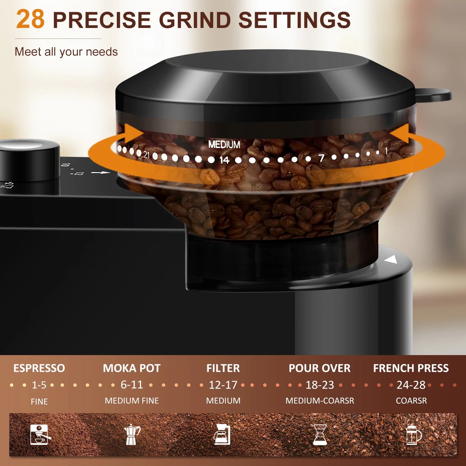 Automatic Burr Mill Coffee Grinder Electric Coffee Bean Grinding With 28 Adjustable Gears for Espresso French Press Drip Coffee 3