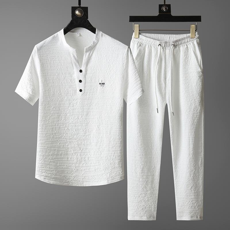 New Thin Casual Sports Suit for Men in Summer Chinese Style High-end V-neck Embroidered Slim Short-sleeved Two-piece Set