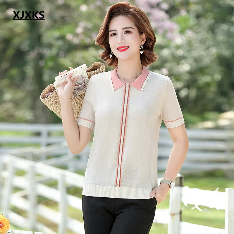 

XJXKS 2022 Summer New Fashion Lapel Short-sleeved Top Loose Large Size Comfortable Casual Women's T-shirt
