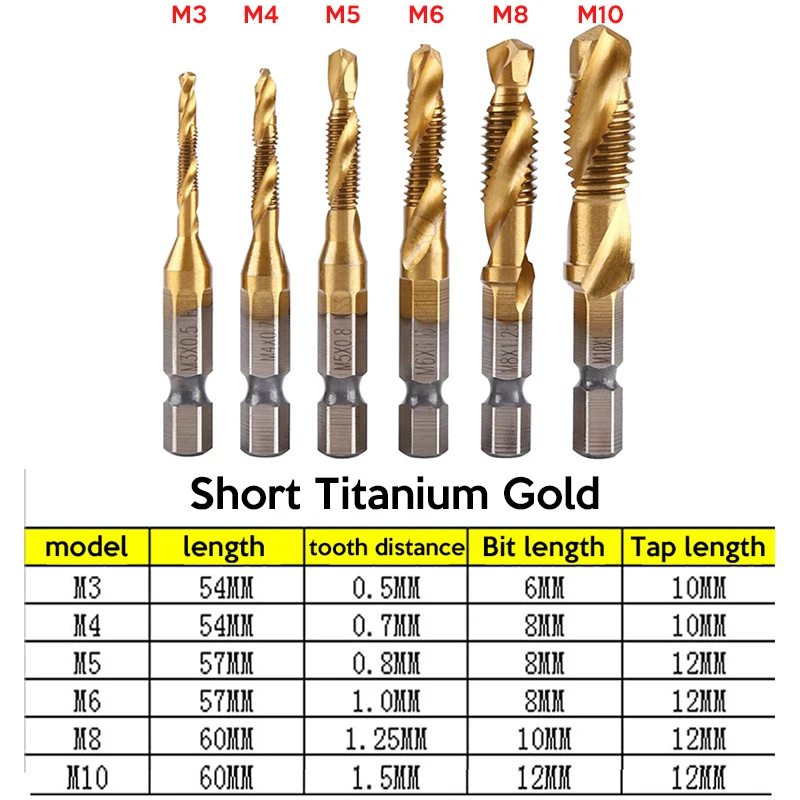

6pcs M3-M10 Drill Bit Hex Shank Titanium Plated HSS Screw Thread Bit Screw Machine Compound Tap