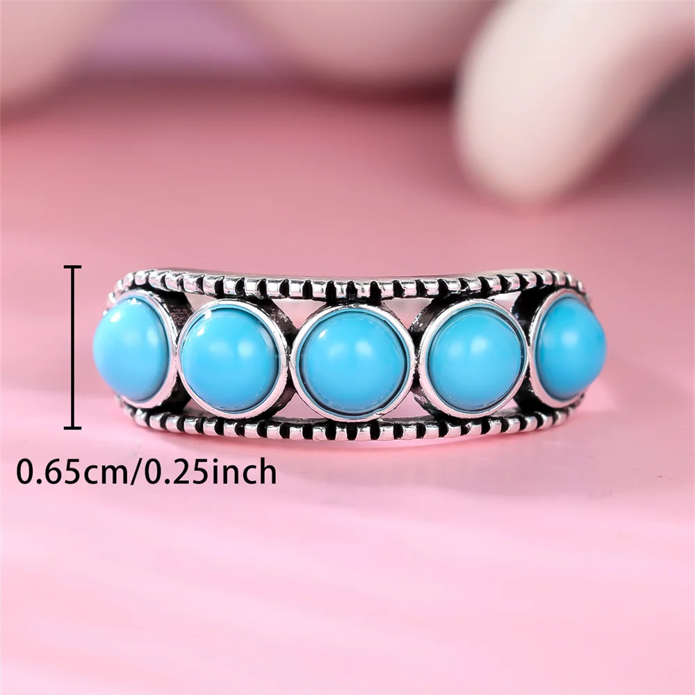 Single Row Blue Round Stone Simulated Turquoise Rings For Women Vintage Silver Color Ring Wedding Jewelry Bridal Versatile Gifts