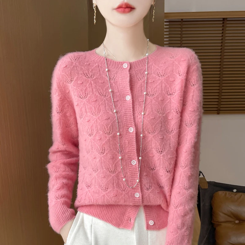 100% Merino Wool Long Sleeve Sweaters Cashmere Cardigan Autumn Winter Women Hollow-out O-Neck Knitwear Tops Clothing Fashion Top 3