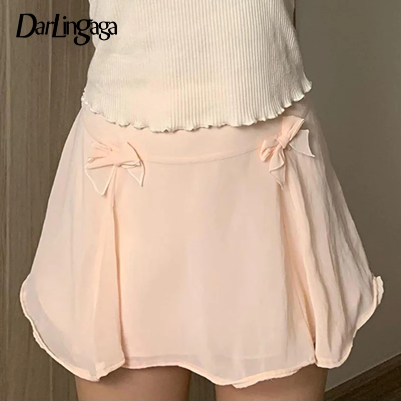 

Darlingaga Sweet Pink Bow Chiffon Skirt Female Korean Fashion Summer Mini Skirts Cutecore Coquette Clothes Japanese A-Line Chic