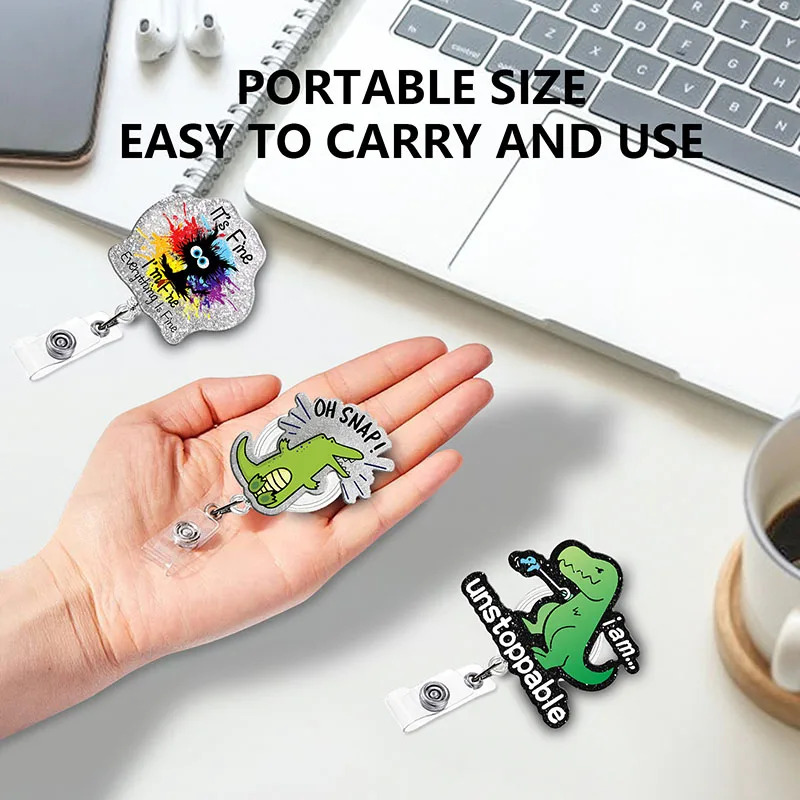 Glitter Acrylic Sloths Dinosaurs Retractable ID Badge Holder 360 Rotating Alligator Clip Doctor Name Holder badge holder retractable badge reel