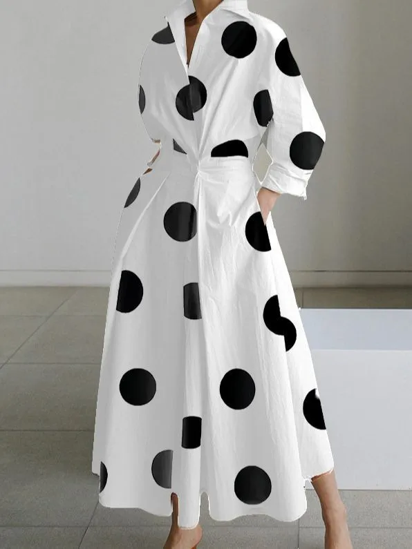 

2023 Autumn New Fashion Elegant A- Line Dress For Women Polka Dot Print V-Neck Long Sleeve High Waist Office Lady Midi Dresses