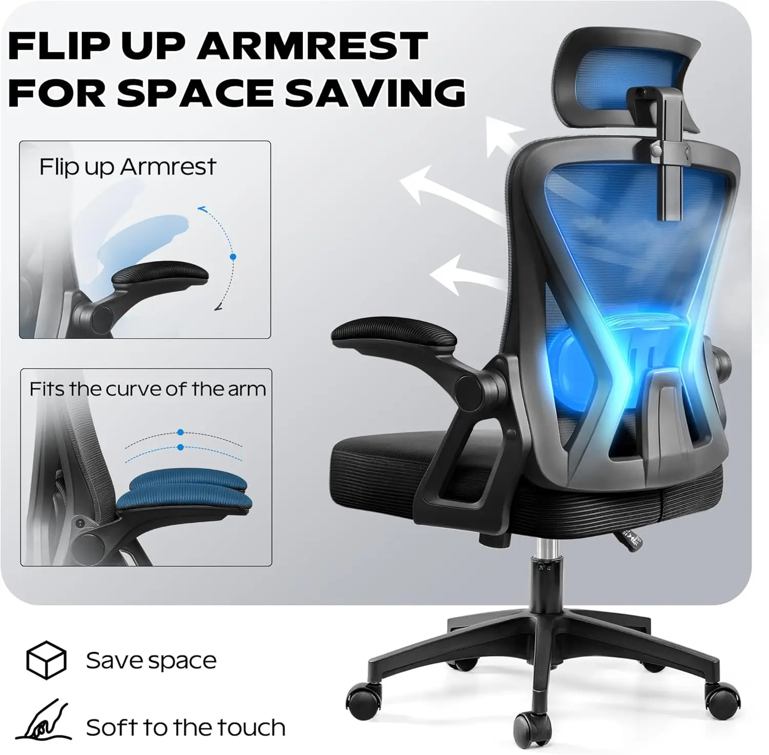 Ergonomic Office Chair, Home Office Desk with Headrest, High Back Mesh Chair with Flip-up Armrests, Offices Chairs 2