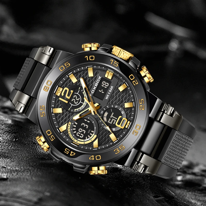 FOXBOX Men's Quartz Wristwatch LIGE Top Brand Luxury LED Display Waterproof Watch Men Outdoor Sport Analog Digital Watch For Men