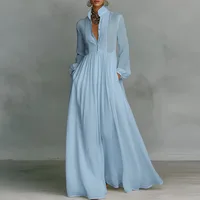 French Elegant High Waist Swing Long Dress Woman Spring Solid Pockets Pleated Maxi Dress Autumn Long Sleeve Button Evening Dress - Image 4