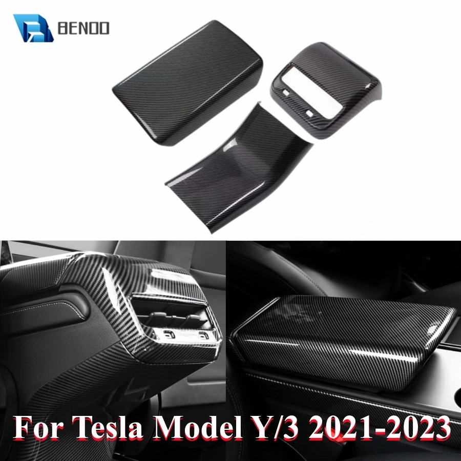 

For Tesla Model 3 Model Y 2023 2022 ABS Carbon Fiber Center Armrest Box Cover Rear Air Condition Vent Trim Anti Kick Protector