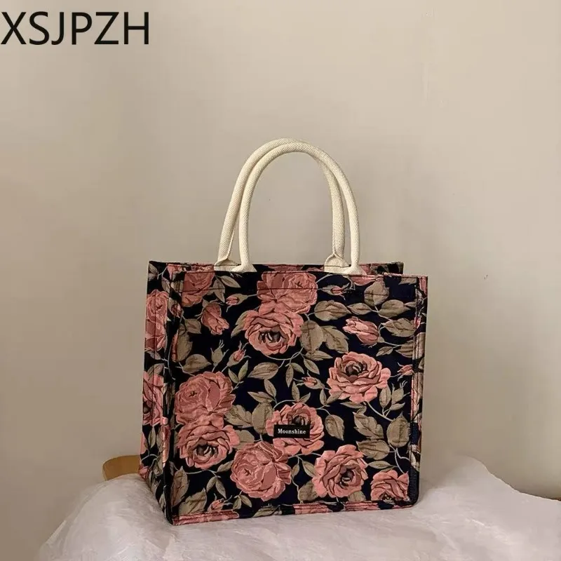

Vintage Large Capacity Tote Bag Rose Jacquard Large Handbag Shoulder Bag Shopping Bag Women 2023 New Fashion Tideway Versatile