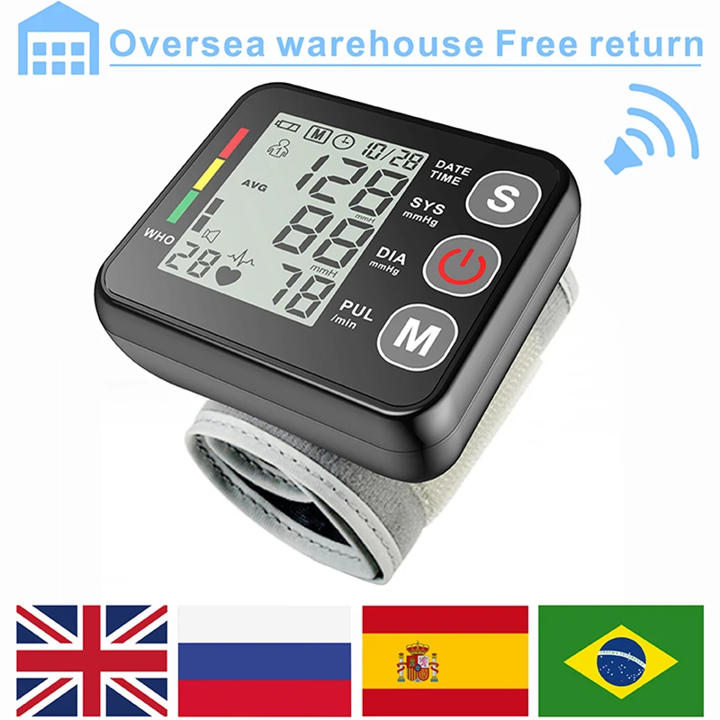 New LED Rechargeable Wrist Blood Pressure Monitor English / Russian /  Portuguese / Spanish Voice Broadcast Tonometer BP Monitor - AliExpress