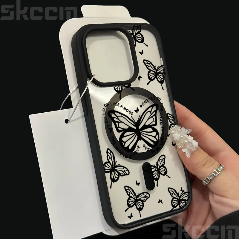 Butterfly Magnetic Transparent Phone Case with Matte Wireless Charging Cover