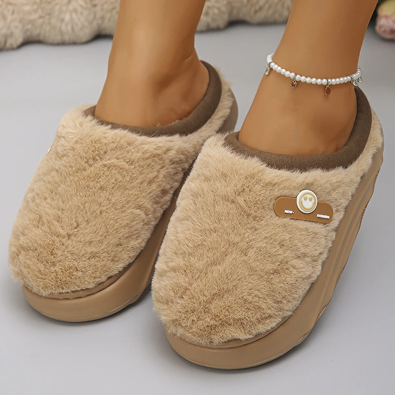 2025 Winter Indoor Cotton Slippers Women Lightweight Thick Sole Fluffy Fur Slides Woman Comfortable Non Slip Home Slippers 45