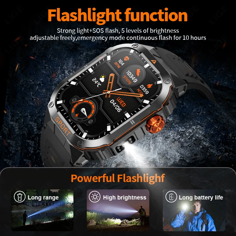 LIGE 2.01" Outdoor Military LED Flashlight Smart Watch Men Call Reminder Waterproof Sports Fitness Smartwatch For Android IOS