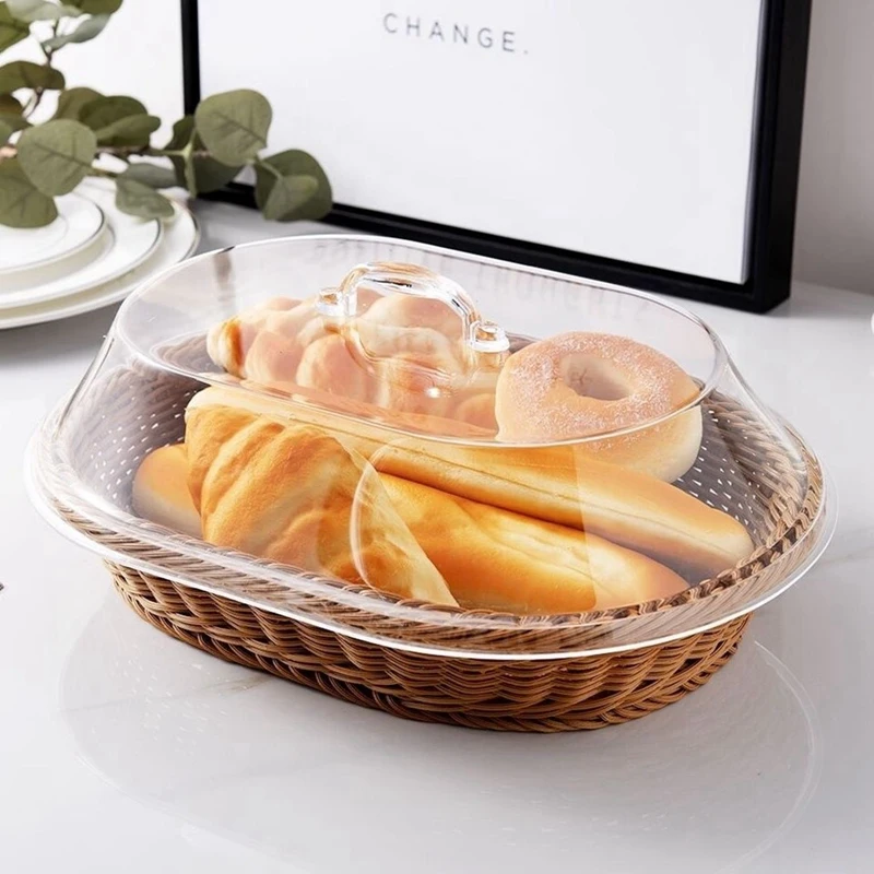 Woven Rattan Basket Bread Basket with Acrylic Lid Tabletop Food Serving Basket Woven Fruit Basket with Cover Imitation Rattan