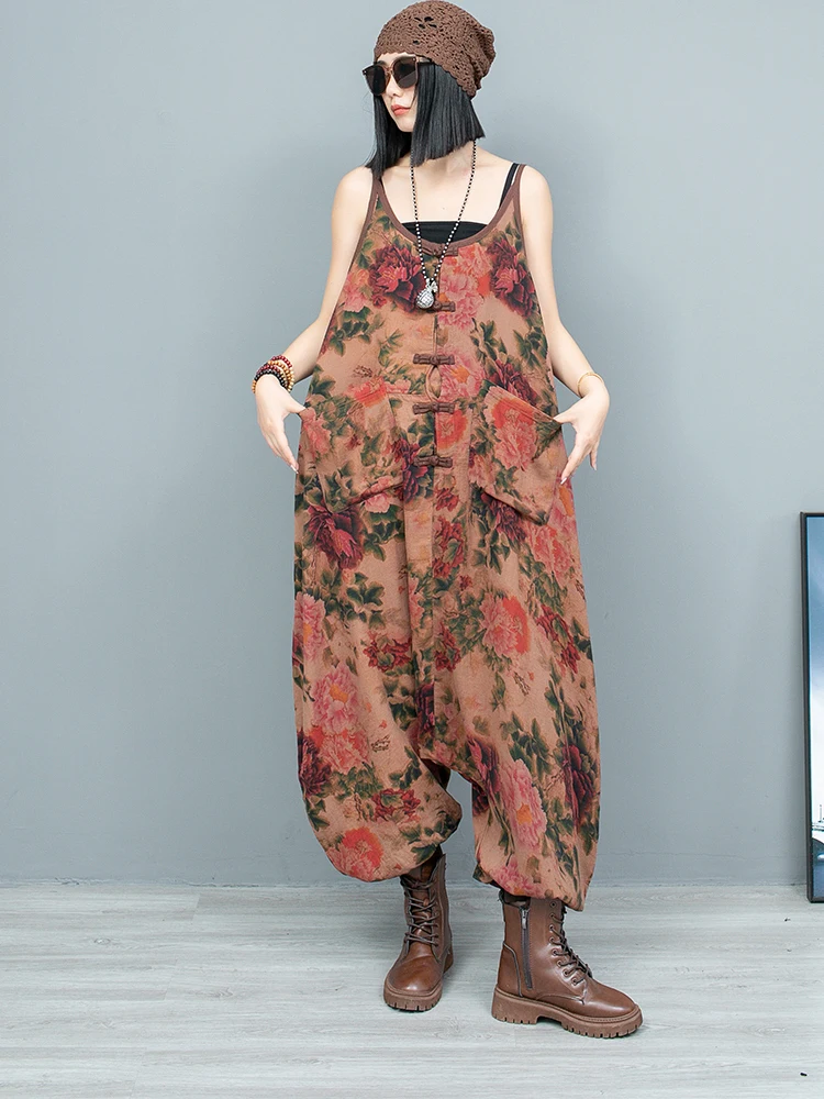LYUZHE 2025 Spring Autumn New Vintage Printed Patchwork Women Matching Sets V-neck Vest And Overalls Casual Suit ZXY279B 2