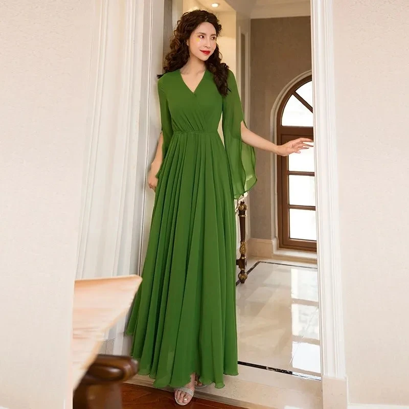 

Summer Vintage Green Chiffon Maxi Dress Women 2024Casual Long Dresses Elastic Waist club Bodycon Party Dress Y2K Vestidos Female
