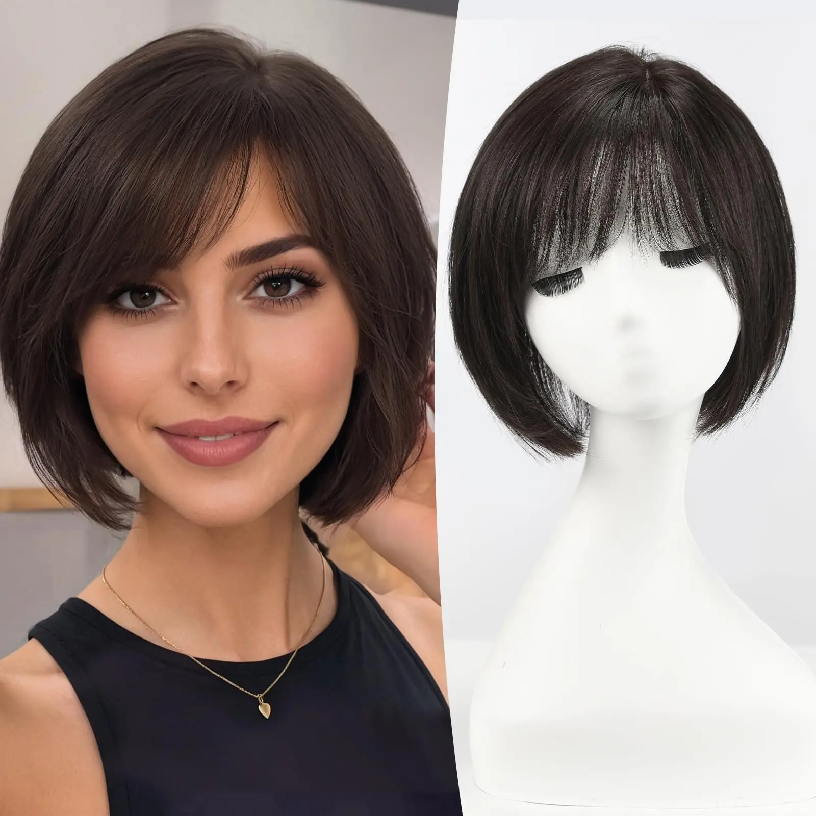 Natural Black Remy Human Hair Toppers Silk Base Hairpieces 4 Clips in Hair with Bangs 10 Inches Hair Topper Extensions for Women
