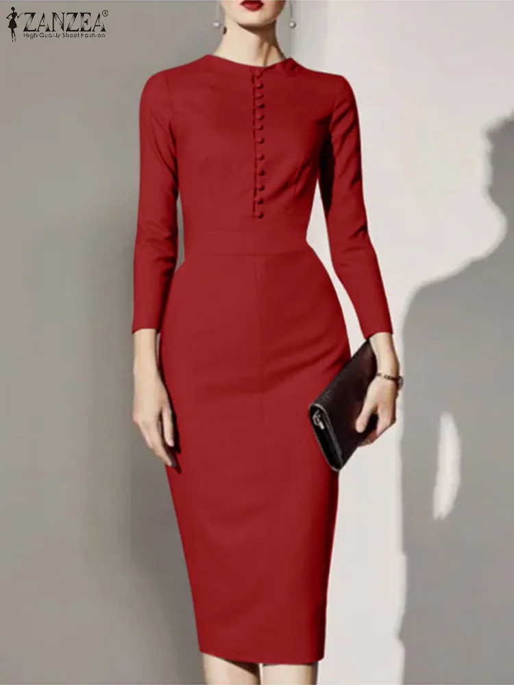 

Women Elegant Long Sleeve OL Work Dress ZANZEA Stylish Party Sundress Solid Slim Fit Vestidos Robe Femme Fashion Pencil Dresses