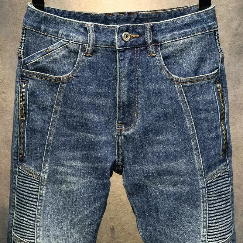 Street Fashion Men Jeans Retro Blue Elastic Stretch Skinny Fit Spliced Designer Biker Jeans Men Patched Hip Hop Denim Pants Men