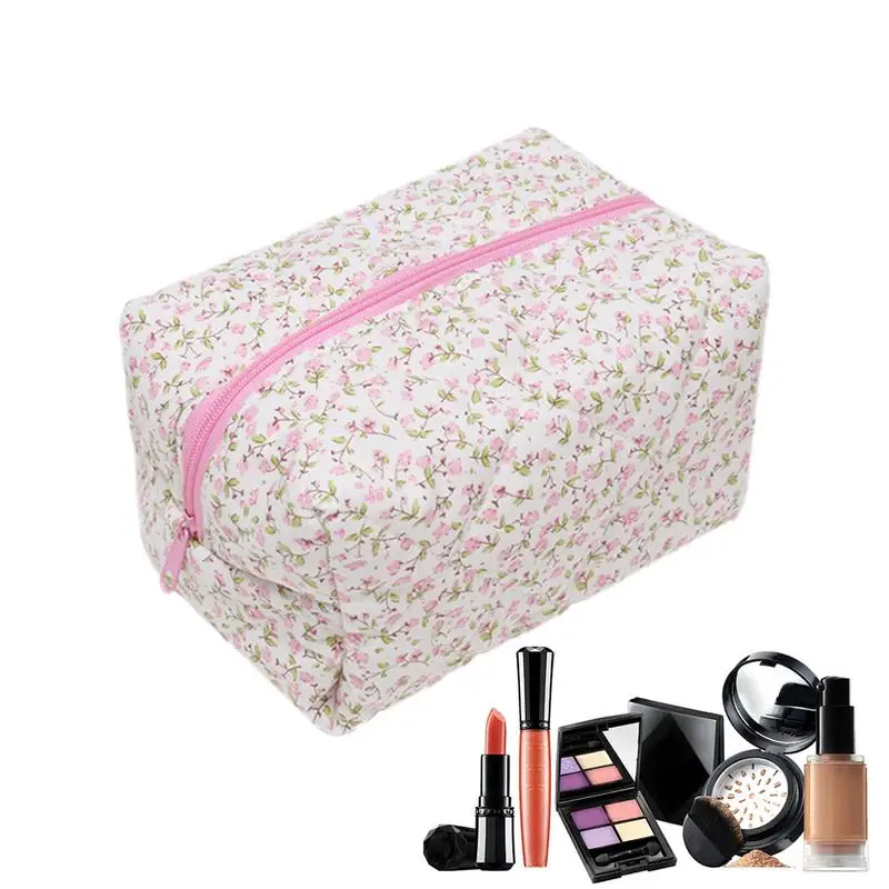 

Travel Cosmetic Bag Ultra Soft Cotton Makeup Bag Quilted Zipper Pouch With Plaid Lining Travel Supplies Organizer For Eyeliner