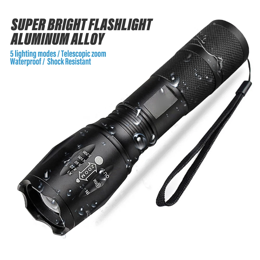 High Power Led Flashlights Camping Torch 5 Lighting Modes Aluminum Alloy Zoomable Light Waterproof Use 3 AAA Batteries