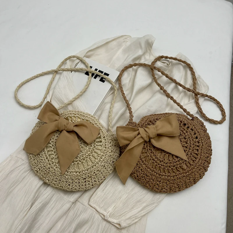 Summer Small Straw Shoulder Crossbody Bags Handmade Beach Handbags Bowknot Woven Tote Round Crossbody Purse Clutch