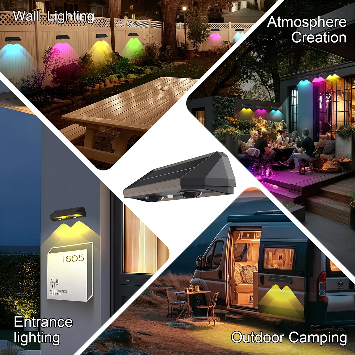 2PCS RGB Solar-Powered Splashproof Garden & Yard Wall Lights with Extended Battery Life