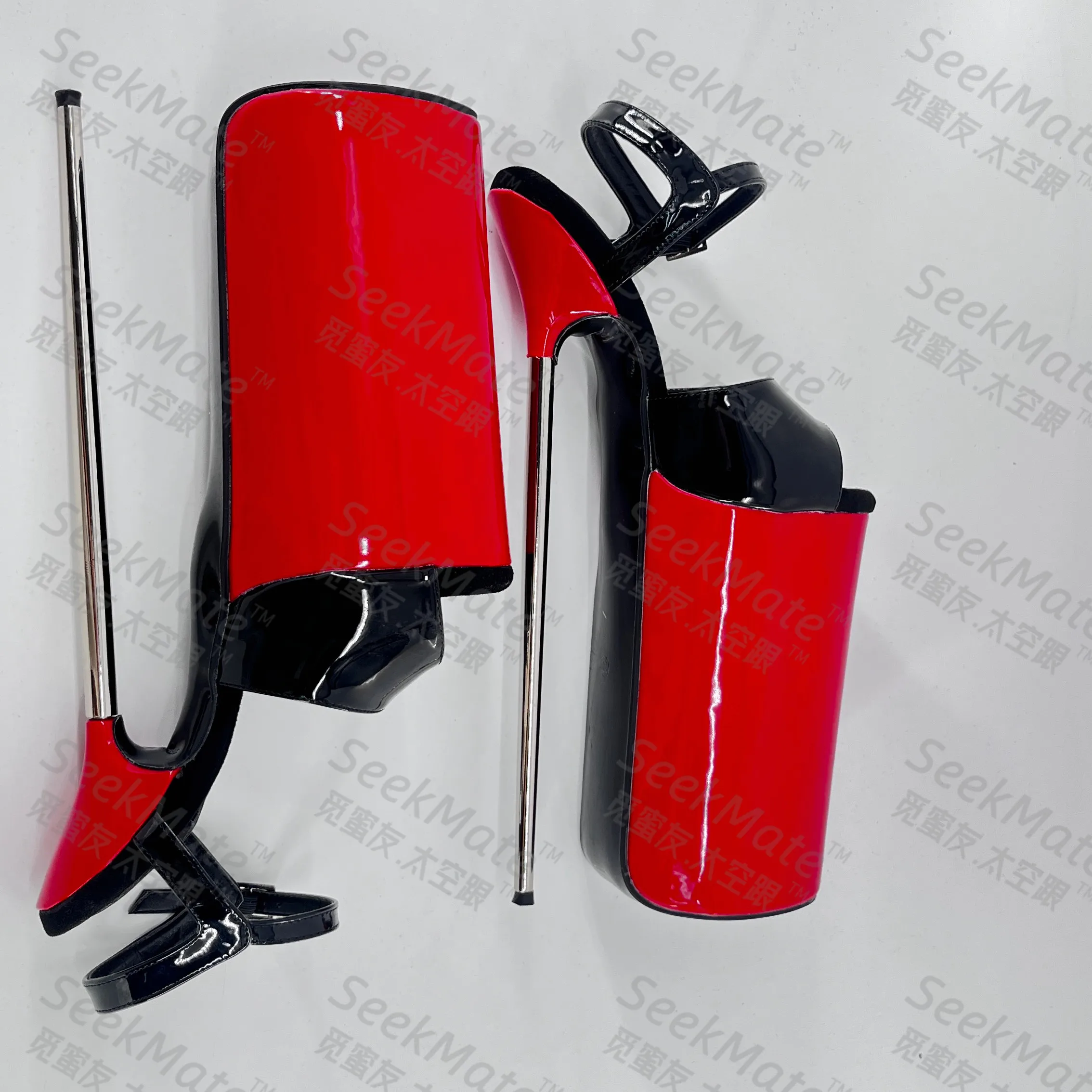 Seek Mate European and American New Ultra High Slim Heel 30 cm Steel Heel Red and Black Contrast Lacquer Leather Large Open Toe