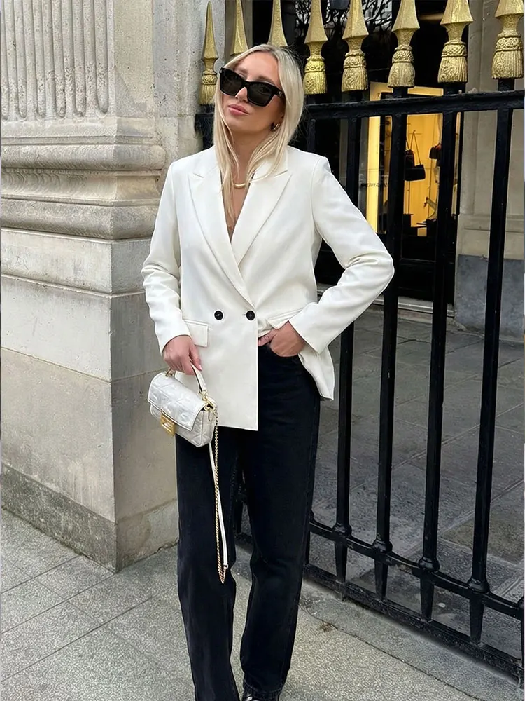 HH Women Chic Solid Blazer Coat Long Sleeve Double Breasted Jacket Spring Female Casual Commuting Fashion Streetwear Blazers