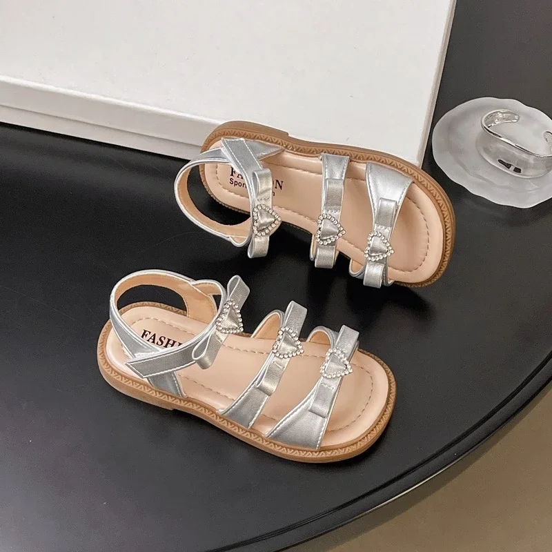Girls Summer Flat Sandals Rhinestone Heart Kids Open Toe Shoes