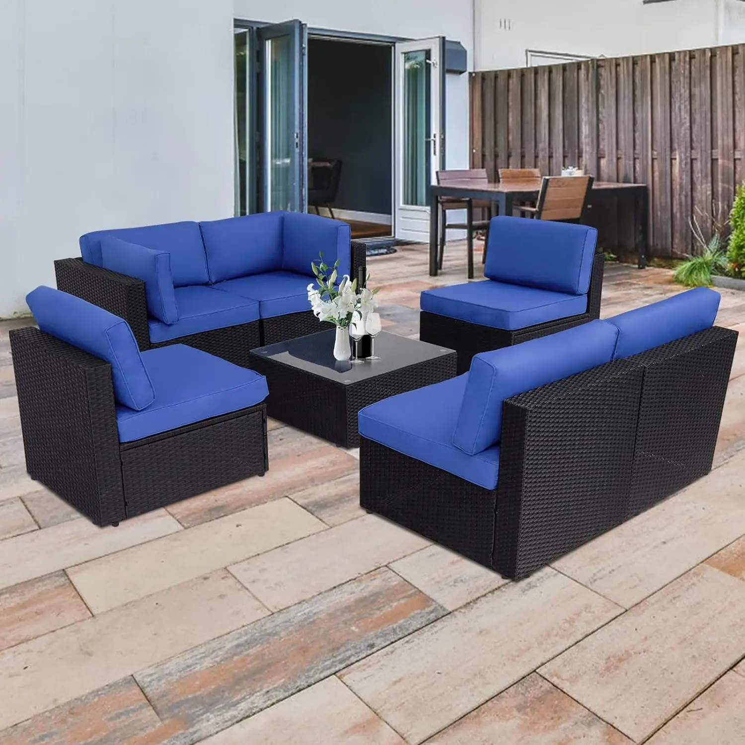 

Outdoor Furniture Sectional Wicker Sofa Set 7 PCs Patio Rattan Clearance with Washable Cushions & Coffee Table, Backyard, Pool