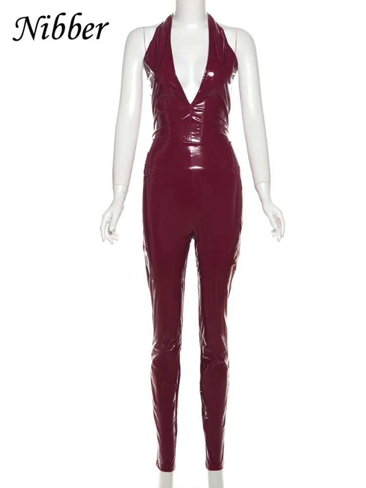 Nibber Faux Leather 2 Piece Set Women Sexy Low-Neck Halter Sleeveless Bodysuit+Zipper Waist Stretch Pant Clubwear Trend Suit