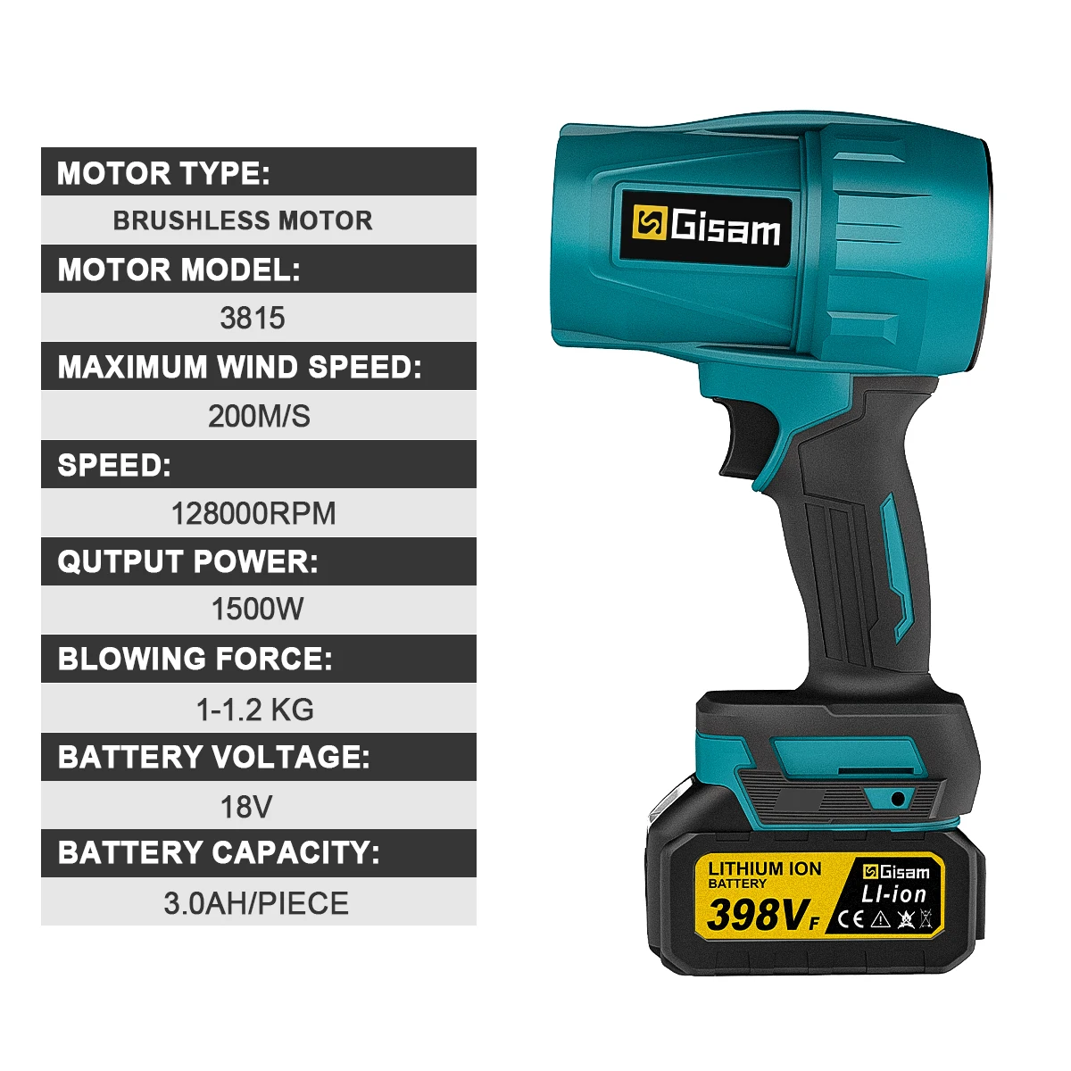 Gisam 200m/s Brushless Turbo Jet Fan Electric Air Blower Violent Handheld Duct Fan Turbo Electric Blower for Makita 18V Battery 6
