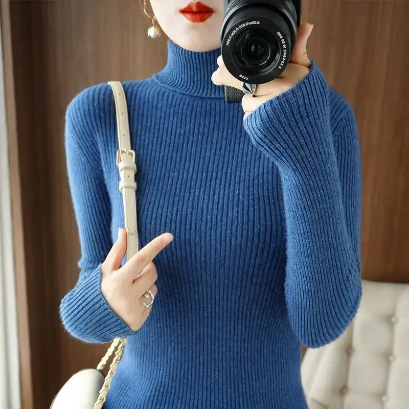 

Autumn Winter New Women Sweater High Neck Thicken Woolen Sweater Solid Color Warm Female Pullover Knitting Shirt Slim Fit Top