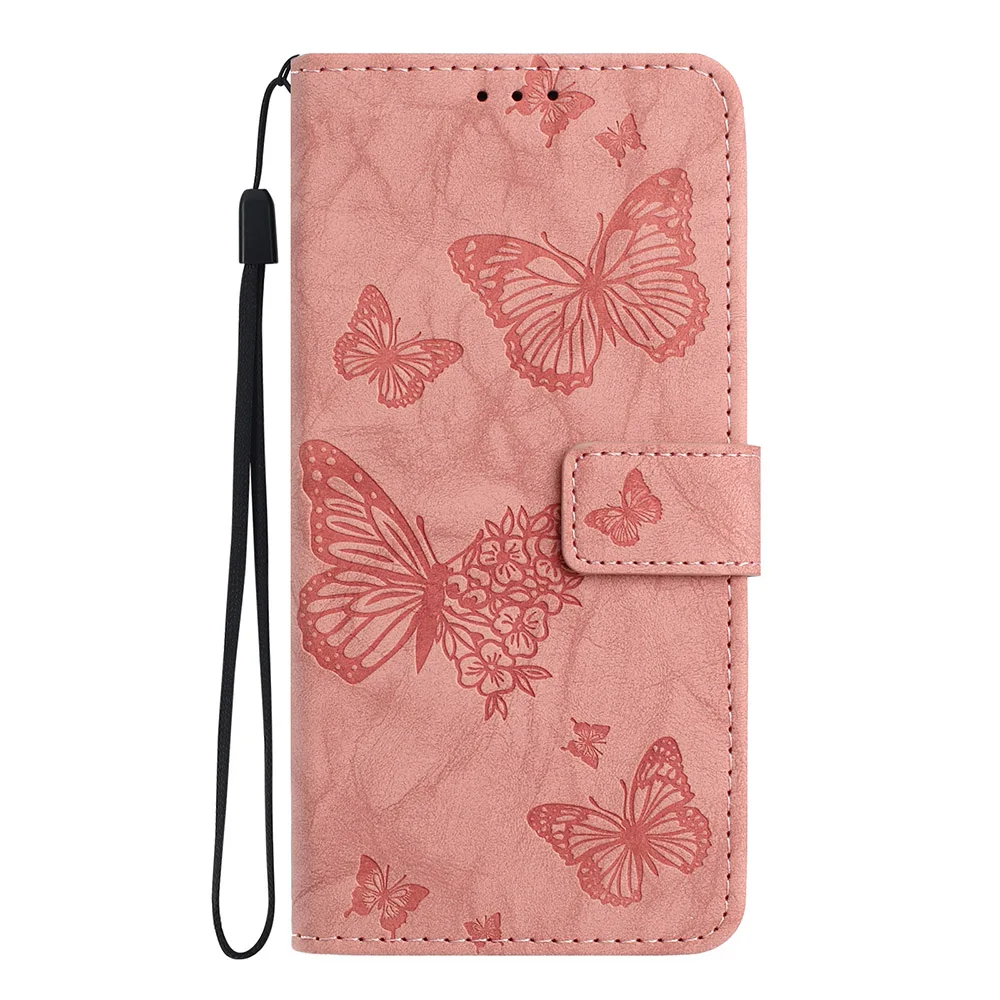 Butterfly Embossed Leather Wallet Phone Case with Card Slots and Strap