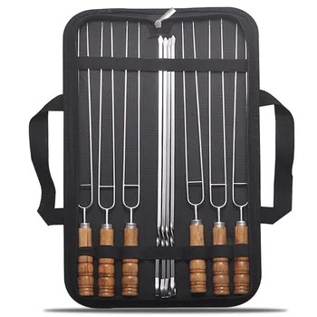 BBQ Skewers Set Reusable Stainless Steel Stick Convenient Barbecue Skewers 10 pieces for Home Outdoor Camping Wooden Handle