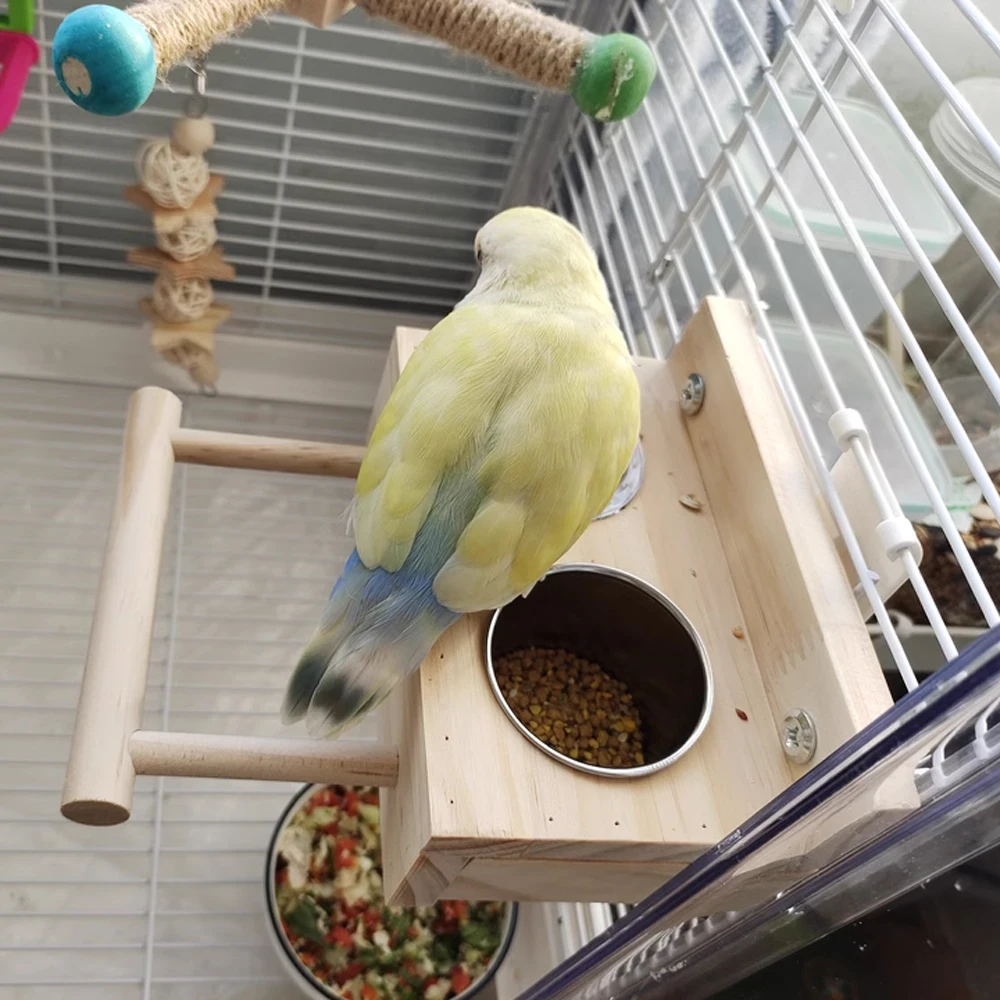 Wooden Pet Parrot Stand Perch Box Toy Bird Feeder Cups with Stainless Steel Double Dispensers & Cage Clip for Parakeets Gerbils