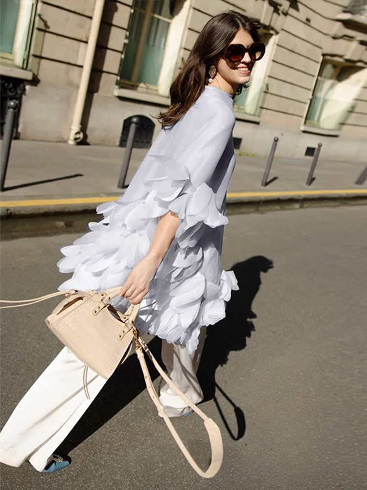 Women Fashion Perspective Flower Hem Top Solid O-neck Lace Up Backless Patchwork Loose Overblouse Female New Chic Casual Tops 6