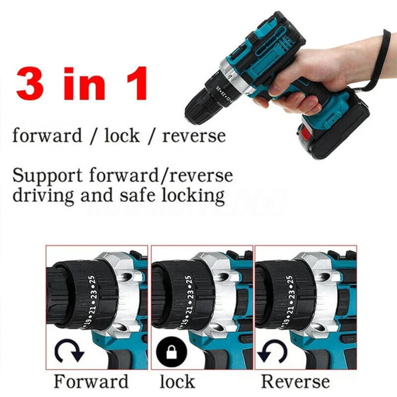 Wiredless Impact Drill Screwdriver Rechargeable Battery Cordless Hammer Drill 25+3Torque Setting Electric Screwdriver Power Tool