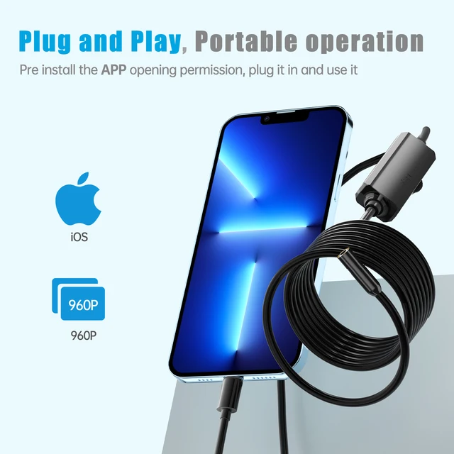  iPhone Endoscope, ILIHOME 7.9 mm Lens Inspection Camera for  iPhone&ipad, 5 Meters Semi-Rigid Cable Borescope iOS IP68 Waterproof with 8  LED Lights, Compatible with iOS Device Only : Industrial & Scientific