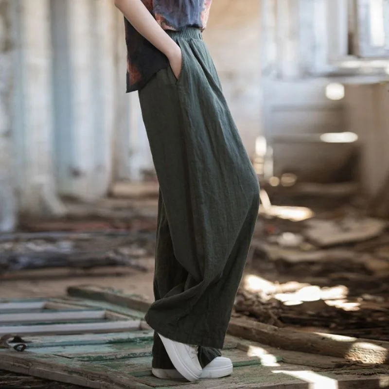 2024 Summer New Art Retro Pants Women's Solid Cotton Hemp High Waist Folds Pocket Button Loose Straight Casual Wide Leg Trousers