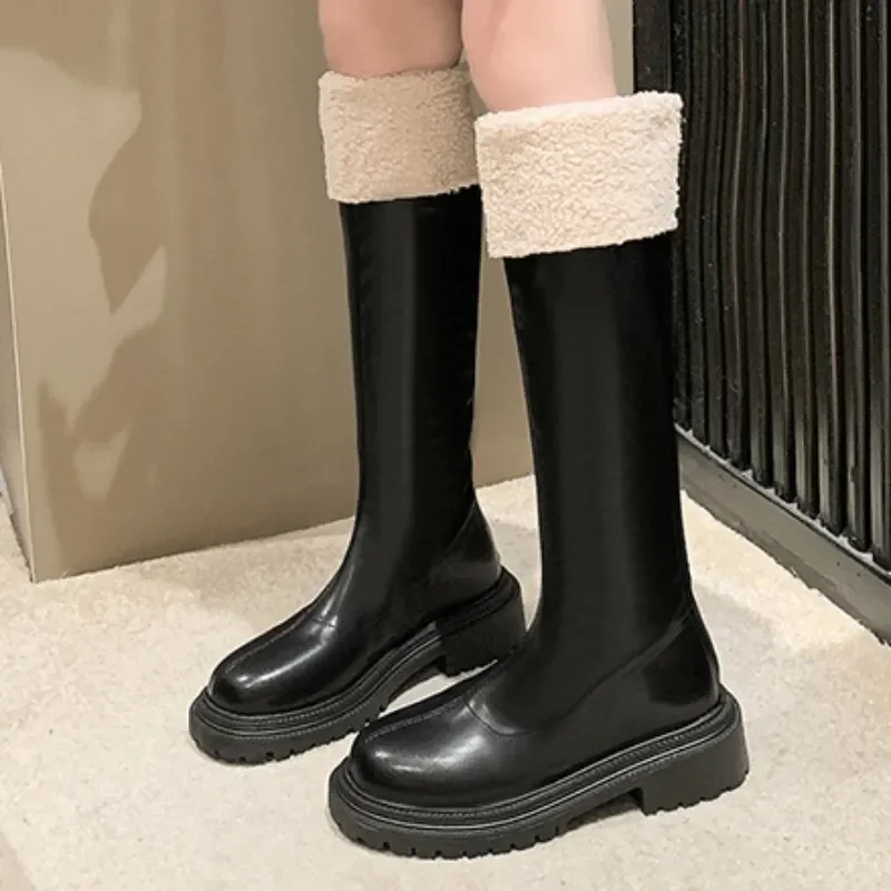 New Hot Sale Zipper Women's Boots Winter Round Toe Solid Plush Warm Mid-Calf Platform Water Proof Fashion Boots Plus Size 41 42