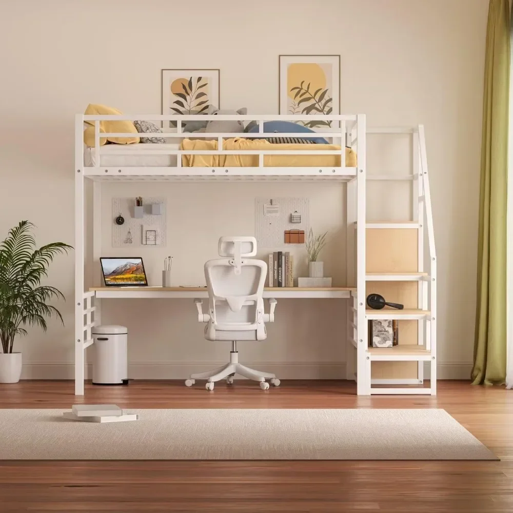 Full Size Loft Bed, Desk & Storage Stairs, Versatile High Loft Bed, No Box Spring Needed, Metal Loft Bed Frame Kids Bed 2