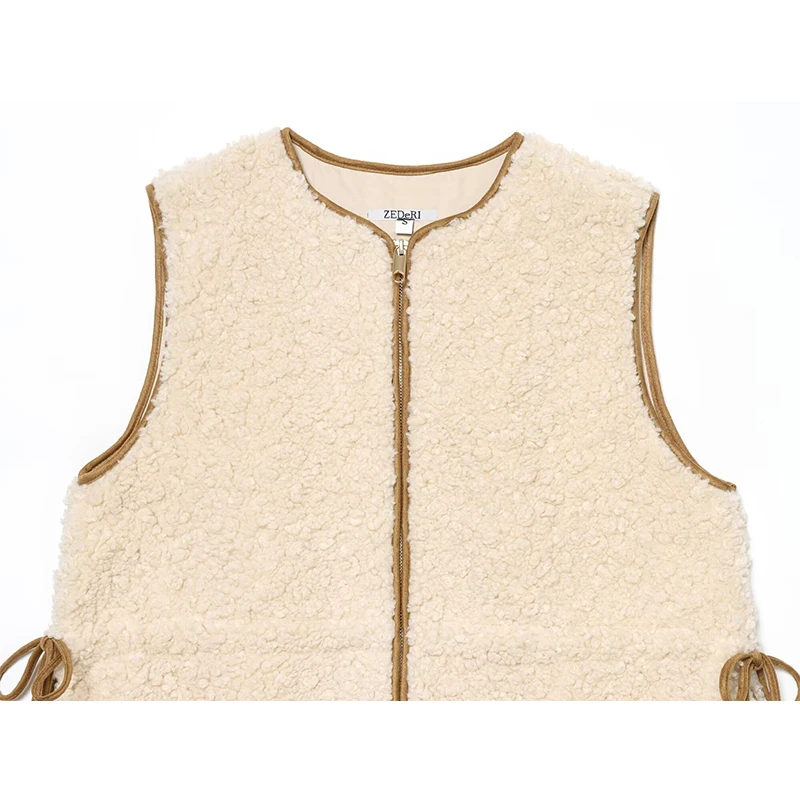 Chic Fashion Lamb Fleece Vest Woman Adjustable Waist Tied Vests For Women Sleeveless Jacket Zipper Waistcoat Vintage Crop Top ﻿
