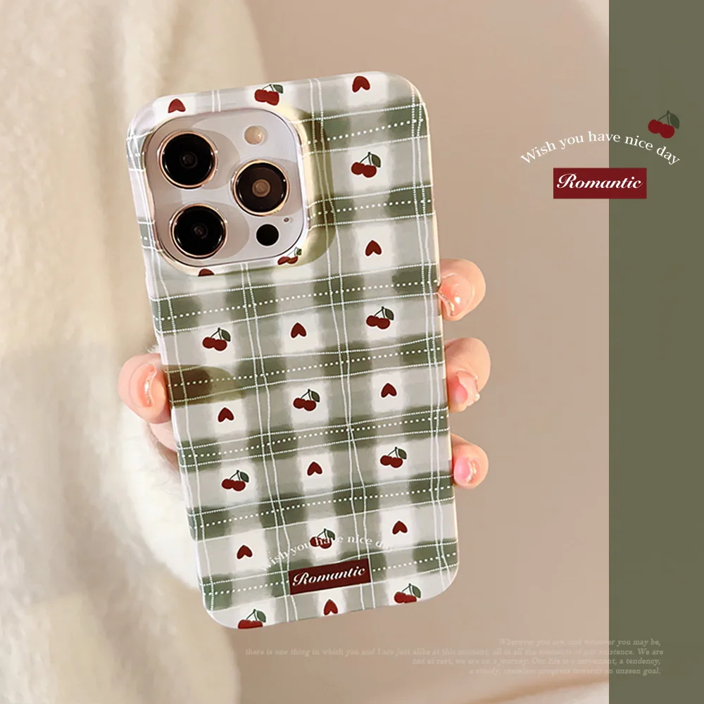 Custodie Per Telefoni Love Plaid Per Iphone 11 12 13 14 Pro Max Per Iphone Xr Xs Custodia Per Telefono Vintage Coreana Green Cherry