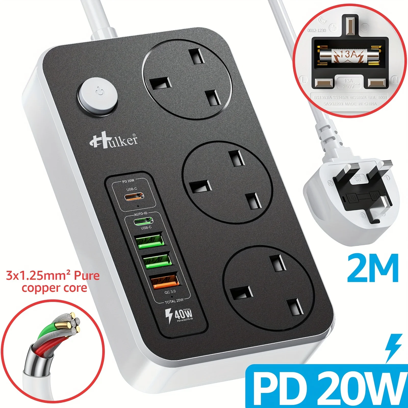 qwHulker Extension Lead with USB C Ports Power Strip with 3 Way Outlets 5 USB Slots (1 PD 20W Type-C And 1 USB-C And 3 USB-A Port) Multi Plug Extension Socket Desktop with 2 Meter Power Cord 3250W 13Ae