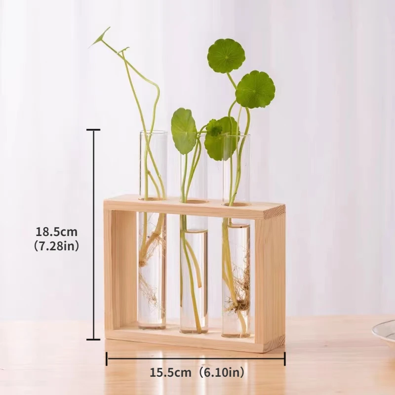 Simple Nordic Test Tube Glass Vase Decoration Creative Wooden Frame Hydroponic Plant Container Home Decoration